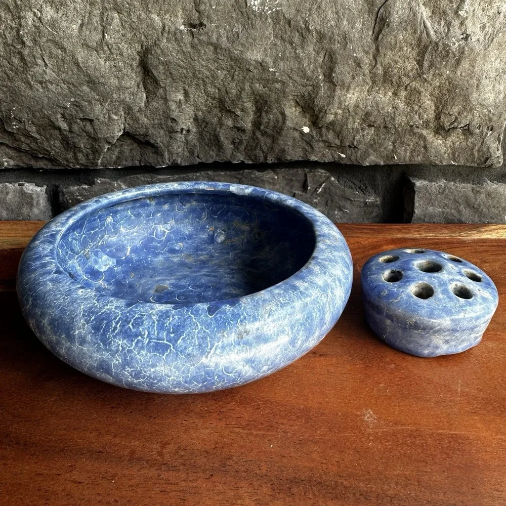 Vintage Ceramic Pottery Frog Flower Holder And Matching Blue Bowl Grandmacore